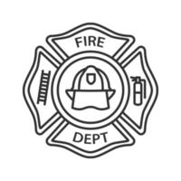 Fire department badge linear icon. Firefighting emblem with helmet, ladder and extinguisher. Thin line illustration. Contour symbol. Vector isolated outline drawing