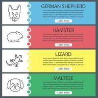 Pets web banner templates set. German Shepherd, hamster, lizard, Maltese. Website color menu items with linear icons. Vector headers design concepts