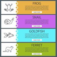 Pets web banner templates set. Frog, snail, goldfish, ferret. Website color menu items with linear icons. Vector headers design concepts