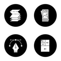 Printing glyph icons set. Polygraphy and typography. Folded brochure, flyer, fountain pen nib, paper sizes. Vector white silhouettes illustrations in black circles