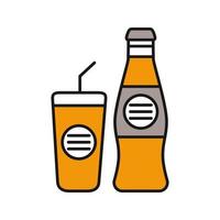 Cold drinks color icon. Bottle and plastic glass with beverage. Isolated vector illustration