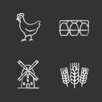 Agriculture chalk icons set. Farming. Chicken, eggs tray, windmill, wheat ears. Isolated vector chalkboard illustration