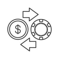 Gambling chips and cash money exchange linear icon. Real money casino. Thin line illustration. Contour symbol. Vector isolated outline drawing