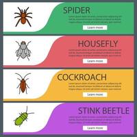 Insects web banner templates set. Spider, cockroach, housefly, stink bug. Website color menu items. Vector headers design concepts