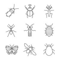 conjunto de iconos lineales. escarabajo oscuro, insecto hércules, mantis, hormiga, saltamontes, cochinilla, mariposa, abeja melífera, ácaro. símbolos de contorno de línea delgada. Ilustraciones de vectores aislados
