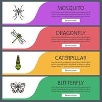 Insects web banner templates set. Dragonfly, mosquito, caterpillar, butterfly. Website color menu items. Vector headers design concepts