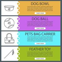 Pets supplies web banner templates set. Dog bowl, toy ball, animal bag carrier, feater on stick. Website color menu items with linear icons. Vector headers design concepts