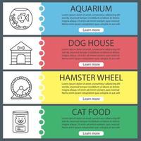 Pets supplies web banner templates set. Aquarium, dog house, hamster wheel, cat food. Website color menu items with linear icons. Vector headers design concepts