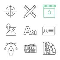 Printing linear icons set. Cmyk model, pencil and ruler, ink, image, font, business card, fountain pen nib, newspaper, color palettes. Thin line contour symbols. Isolated vector outline illustrations