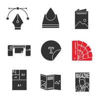 Printing glyph icons set. Fountain pen nib, ink drop, brochure, large format printer, round sticker, color palettes, paper sizes, booklet, magazine. Silhouette symbols. Vector isolated illustration