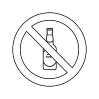 Forbidden sign with beer bottle linear icon. Thin line illustration. No alcohol prohibition. Stop contour symbol. Vector isolated outline drawing