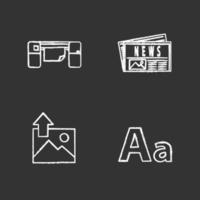 Printing chalk icons set. Polygraphy and typography. Large format printer, newspaper, image uploading, font. Isolated vector chalkboard illustrations