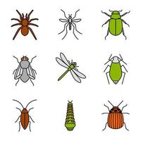 conjunto de iconos de colores de insectos. araña, mosquito, maybug, cucaracha, mosca doméstica, libélula, pulgón, oruga, chinche colorado. ilustraciones de vectores aislados