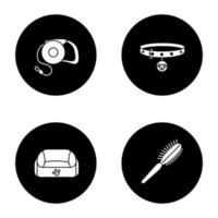 Pets supplies glyph icons set. Dog neck collar and retractable lead, pet bed, fur brush. Vector white silhouettes illustrations in black circles