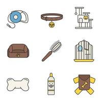 Pets supplies color icons set. Pets lead, dog collar, cat house, animal bed, fur brush, birdcage, chew bone, shampoo bottle, clothes. Isolated vector illustrations