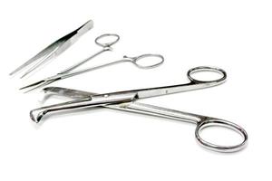 Medical umbilical cord scissor and Medical artery clamp scissor with surgical forceps isolate on white background. photo