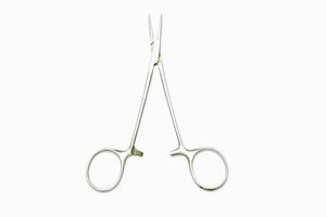 Top view of Medical atery clamp scissor for clamp of veins to stop the bleeding isolate on white background. photo