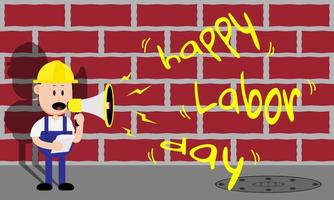 Happy Labor Day. A male worker shouts Happy Labor Day using a megaphone. Suitable for labor day events vector