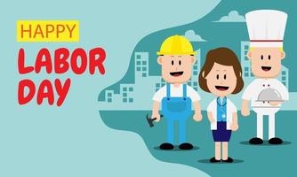 Happy Labor Day. People of various professions standing against urban silhouette background. Suitable for labor day events vector