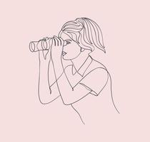 Beautiful Abstract Woman Use And  Looking Through Binoculars Line Art Illustration Sketch vector