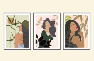 Artistic minimal feminine wall art lady portrait and elegant abstract woman neutral tree and leaves poster set vector