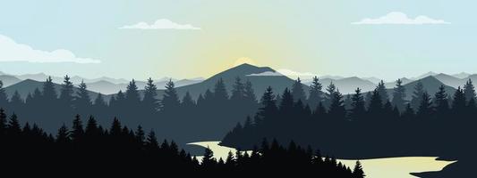 forest mountain and lake landscape at sunrise and sunset. vector