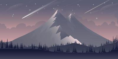 Mountain landscape and stars in the sky. Meteor, gradient mountain silhouette. vector