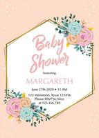 tarjeta de invitación de baby shower de oro de melocotón de geometría con marco de flores, hojas y oro vector