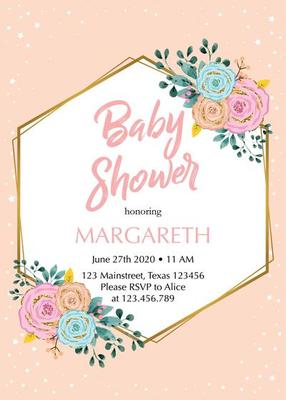 Geometry peach gold baby shower invitation card with flower, leaf and gold frame