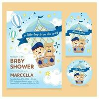 Hot air balloon with boy and bear Baby shower invitation set vector