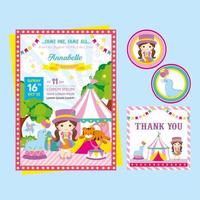 Circus birthday party set with cute girl vector