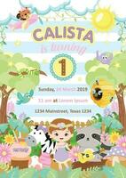 Birthday invitation with cute girl and friends in the forest vector