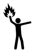 Stick man holds fire in his hand. Illuminates the path, indicates the direction of movement. Isolated vector
