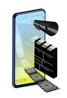 concept of online movie theater inside a smartphone. Directors loudspeaker, clapperboard and film are immersed in the screen. Realistic image of portable devices. Vector illustration
