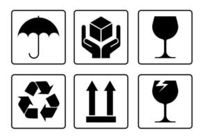 set of packaging symbols for goods. Keep dry, brittle, recycle. Isolated vector on white background