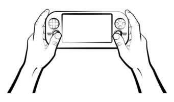 man holds a portable game console, controller for a game. Isolated vector on white background