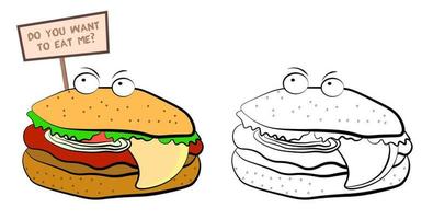 hamburguesa enojada insidiosa en estilo de dibujos animados con un cartel ¿quieres comerme? el daño de la comida rápida y los alimentos preparados. vector sobre un fondo blanco