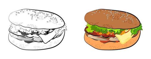 hamburguesa con tocino, queso y lechuga en un panecillo. comida rápida. vector aislado sobre fondo blanco