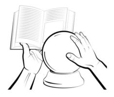 sorcerer is reading a spellbook over a crystal ball. Items and rites of magic and astrology. Isolated vector on white background