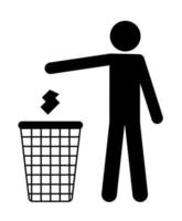 el hombre tira basura en la cesta. señal de reciclaje. vector aislado sobre fondo blanco
