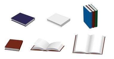 Set of realistic open and closed books in isometric with blank pages. Template or layout for design. Isolated vector on white background