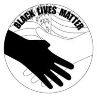 Black lives matter social protest. No to racism. Against the backdrop of the American flag, dark skinned and fair skinned shaking hands. Heart shaped black logo sticker vector