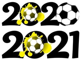 2020 and 2021 in bright football style with a soccer ball and yellow blot. Sports design element. Vector on white background