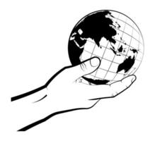 el hombre sostiene cuidadosamente el globo en su mano. elegir un destino para viajar. visión global del mundo. vector aislado sobre fondo blanco