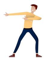 slender, thin young man dances and makes an index gesture towards his partner. Cheerful high spirits. Isolated vector on white background