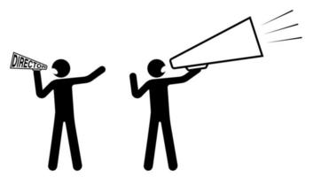 stick figure, director holds speaker, a loudspeaker and screams. Start filming a movie. Nervous leader. Isolated vector on white background