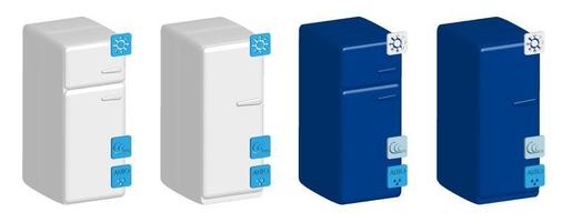 conjunto de refrigeradores domésticos de color en estilo 3d realista, aislados en un fondo transparente, iconos con designación de funciones vector