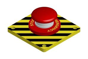 red emergency button with black and yellow stripes. Actions in a dangerous situation. Realistic 3d vector on white background