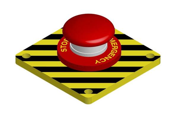 red emergency button with black and yellow stripes. Actions in a dangerous situation. Realistic 3d vector on white background