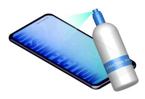 concept, smartphone screen is treated with sanitizer spray. Prevention of the spread of infection. Fighting viruses and bacteria. Vector on a white background